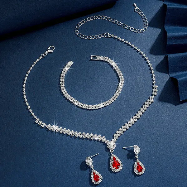 Women's Jewelry Set With Red Zircons Drop (Neckleca, Bracelet, Earrings)