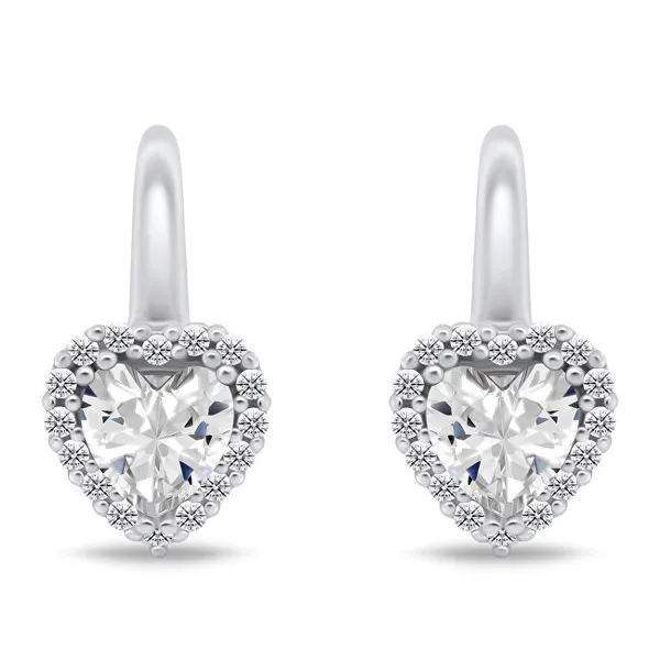 Silver heart jewelry set with zircons SET273W (earrings, pendant)