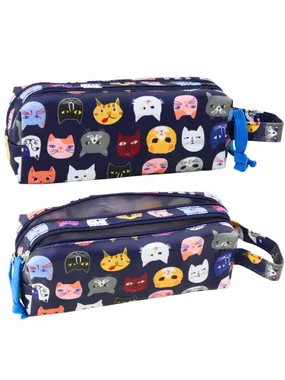 School pencil case colorful cats two navy blue pockets 22cm