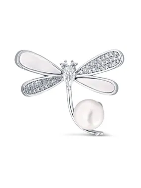 Sparkling Dragonfly Brooch with Real Pearl and Crystals JL0763