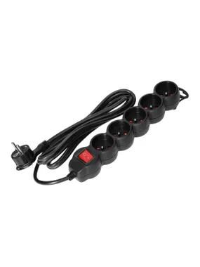 5-way extension cable 2P+Z with switch, 1.5m H05VV-F 3x1.5mm2, Imax=16A, flat plug, black