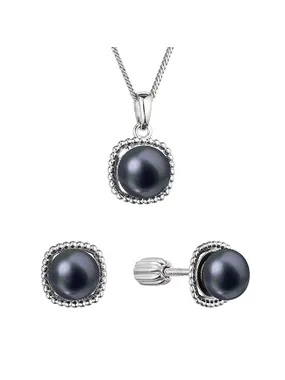 Silver jewelry set with black river pearls 29065.3B black (earrings, chain, pendant)