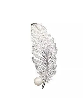 Feather Brooch with Syntrtic Pearl Silver
